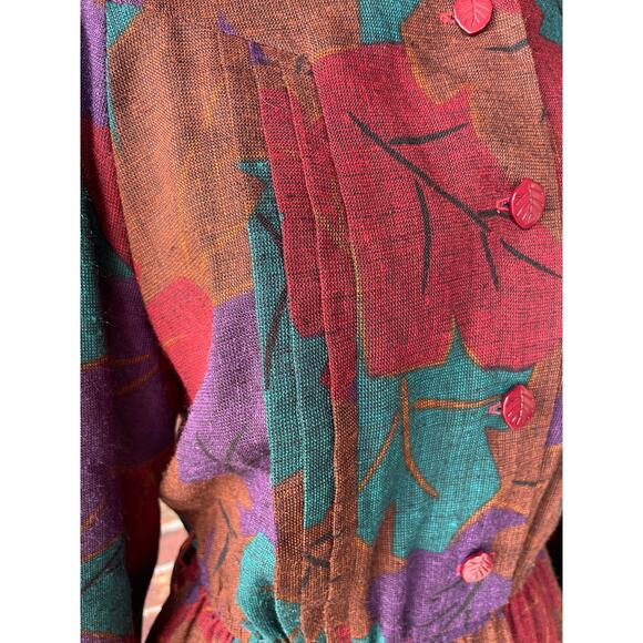 NWT Vintage fall dress - Leslie Fay - leaves - shirt dress - midi - 70s - size S - Picture 3 of 11
